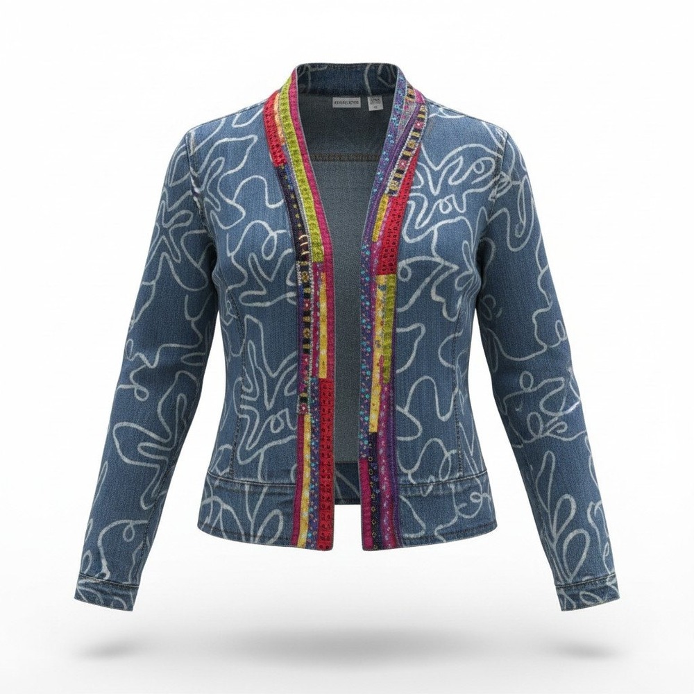 Chicos Denim Jacket Womens 3 XL Blue Floral Embroidered Beaded Open Boho Art